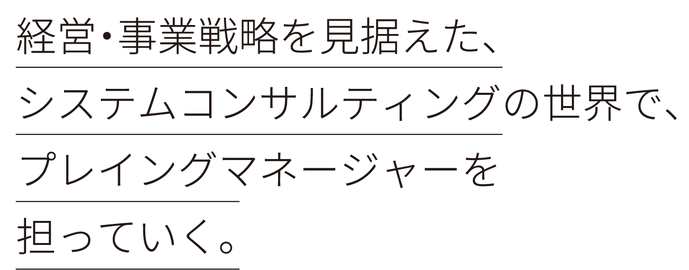 経営・事業戦略を見据えた、システムコンサルティングの世界で、プレイングマネージャーを担っていく。