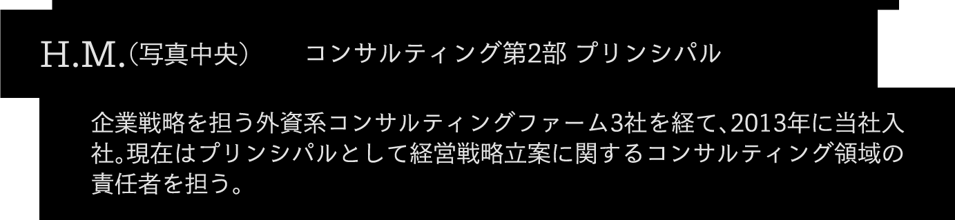 H.T. 2006年新卒入社。経営コンサルティング、官公庁アドバイザリー、米国でのMBA取得、コンサルティング本部内での企画業務を経て、現在はプロジェクトマネジメントなどを担当。コンサルティング第2部 主席コンサルタント