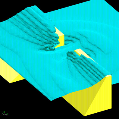 傾斜の異なる消波構造物における越波と回折（α－FLOWによる3次元波浪場の解析例）